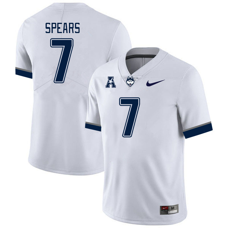 Men #7 Zakhari Spears Connecticut Huskies College Football Jerseys Stitched Sale-White - Click Image to Close